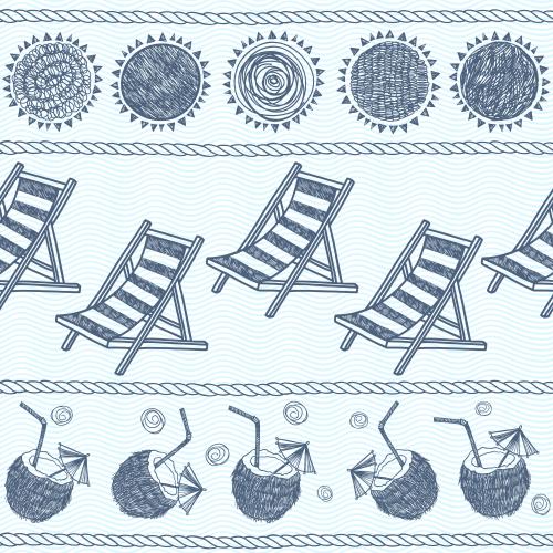 Strand. Vektor Sonne, Liegen, Kokoscocktails, Meerseile auf blauen Wellen
