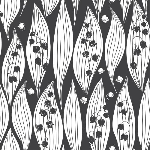 Maiglöckchen. Vektor Blätter und Blumen der Lilien auf schwarz, monochromen Silhouetten