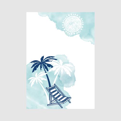 Vektorgrafik karte zum thema erholung am meer, palmen, liegestuhl, sonne auf blauen aquarell-fragmenten, platz für text auf weißem