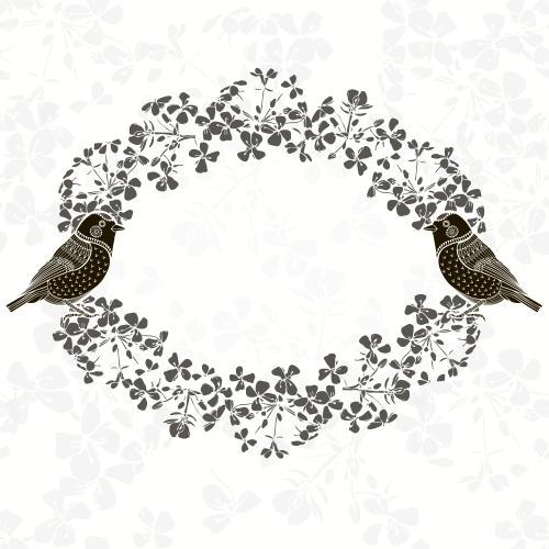 Oval. Vektor ovaler Rahmen aus Silhouetten grauer Blumen mit zwei Vögeln auf weißem Blumenmuster