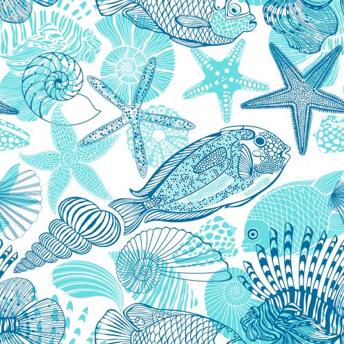 Vektorgrafik blaue und türkise fische, muscheln, seesterne auf weiß
