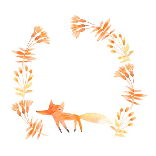 Rasterbild fuchs und blumen, aquarell auf weißem
