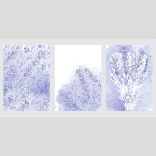 Vektorgrafik drei karten mit lavendel und lila aquarell-fragmenten
