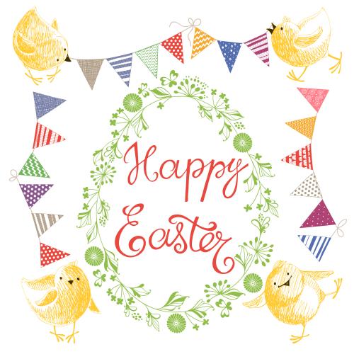 Girlande. Vektor grafische Elemente im Osterthema, Schriftzug Happy Easter auf weißem