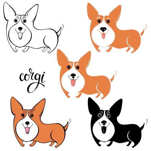 Hund. Vektor liebe Corgis, fünf Varianten auf weißem