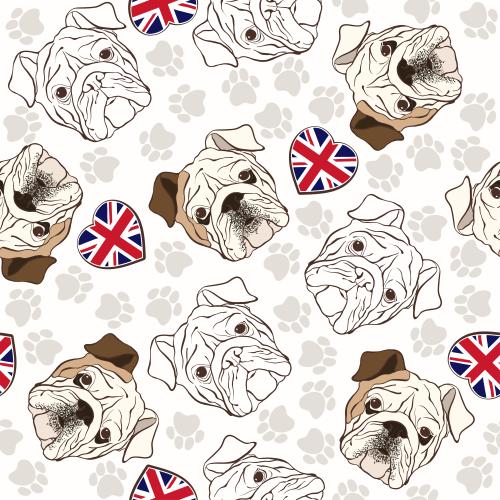 Herz. Vektor Köpfe der englischen Bulldogge, Pfotenabdrücke und die britische Flagge in Form eines Herzens