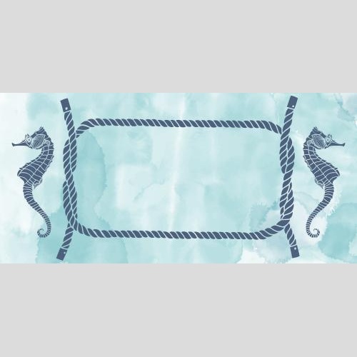 Postkarte. Vektor Seepferdchen, Seeknoten mit Textplatz auf blauem Aquarell