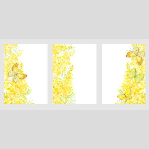 Rasterbild drei karten mit aquarellmimosen und schmetterlingen