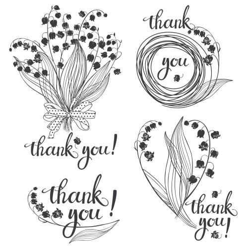 Vektorgrafik vier kompositionen mit lilien und einer aufschrift thank you auf weißem