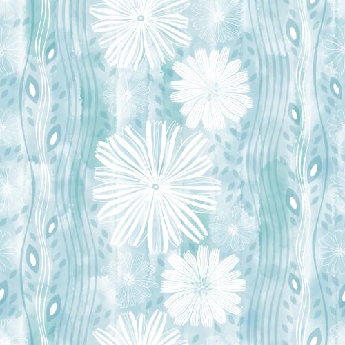 Vektorgrafik dekorative blumen, blattsilhouetten, vertikale wellenförmige linien auf blauem aquarell