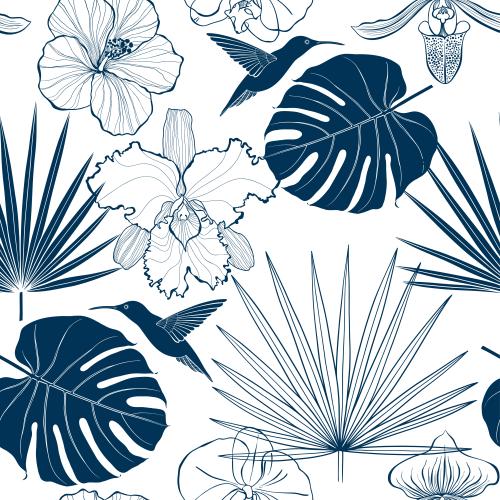 Hibiskus. Vektor Kolibri Orchideen Hibiskus und Palmenblätter blaue Silhouetten auf weißem