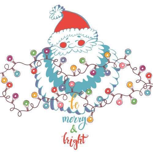 Vektorgrafik weihnachtsmann mit girlanden, aufschrift 'merry and bright' auf weißem