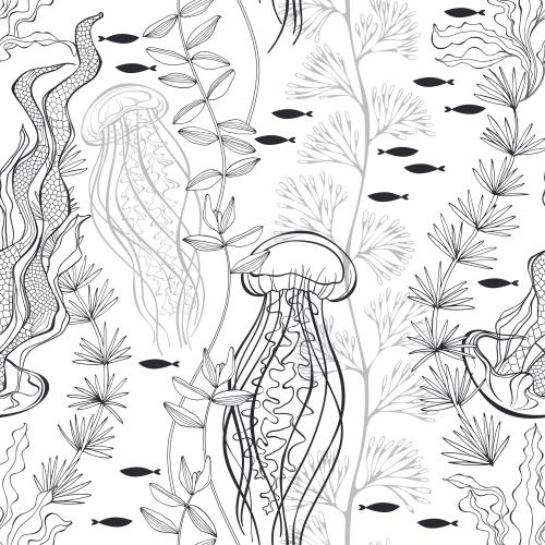 Qualle. Vektor Medusen, Fische, Algen auf weißem