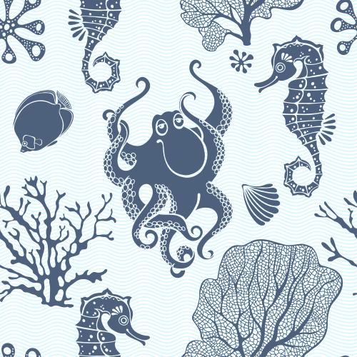 Meer. Vektor Octopus, Seeigels, Fische, Muscheln, Korallen, Algen auf blauen Wellen