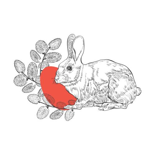 Vektorgrafik weidenzweig, rotes oster-ei, kaninchen auf weißem