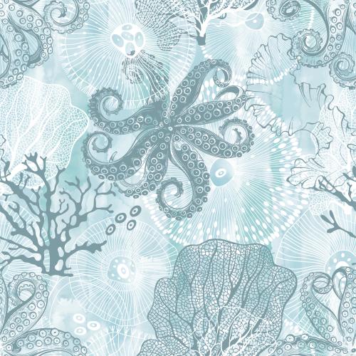 Oktopus. Vektor Tintenfische, abstrakte Meereslebewesen, Algen, Korallen auf blauem Aquarell