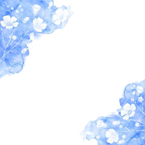 Lein. Vektor Weiße Silhouetten von Leinenblumen auf blauem Aquarell, Platz für Text auf weißem, Eckkomposition