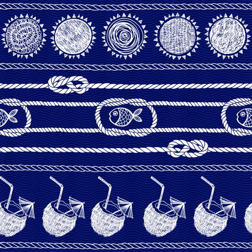 Strand. Vektor Sonne, Seile mit marinen Knoten, Fische, Kokos-Cocktails auf blauen Wellen