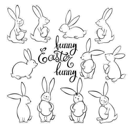 Vektorgrafik maltierte kaninchen mit oster-eiern, schriftzug easter, schwarze konturen auf weißem
