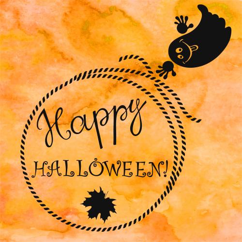 Geist. Vektor runder Rahmen aus Seil, süßes Gespenst, Schriftzug Happy Halloween auf aquarelloranges