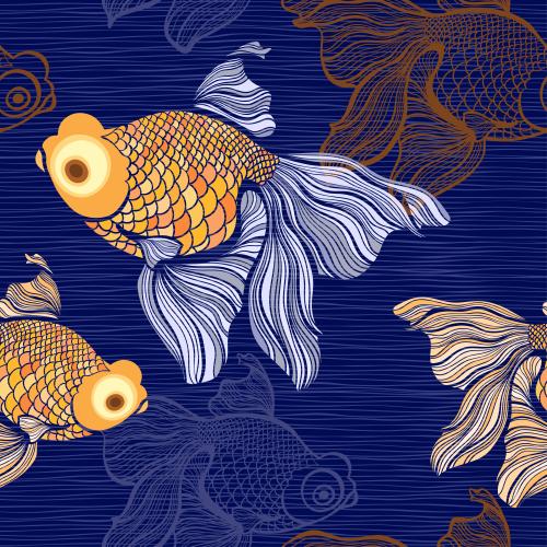 Vektorgrafik fische silhouetten und konturen wellen auf blauem