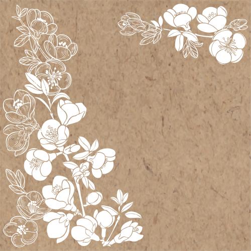 Japanische quitte. Vektor japanische korinthe, zweige mit blumen, weiße silhouetten, konturen und platz für text auf kraft