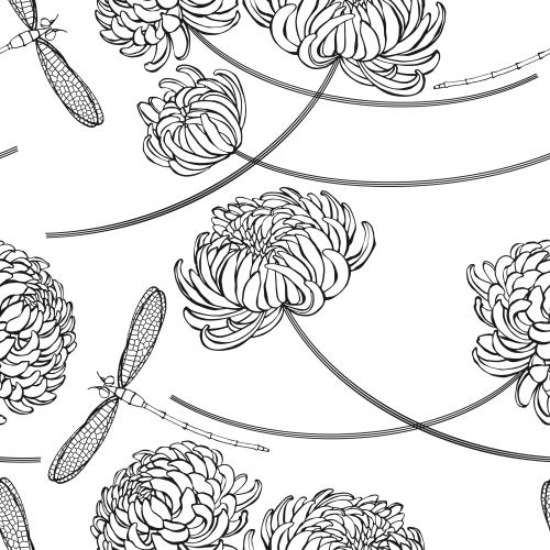 Chrysantheme. Vektor chrysanthemen und Libellen auf weißem