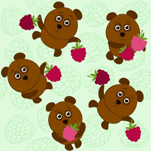Himbeere. Vektor hübsche cartoonartige Bären mit Raspbeeren auf Grün