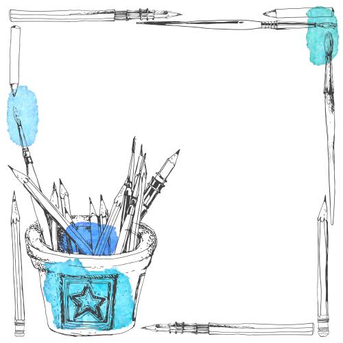 Bleistift. Vektor Stifte, Bürsten, Kästchen mit Kunstbedarf, Aquarell-Fragmente, Platz für Text auf Weiß, Skizze