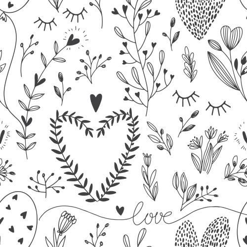Vektorgrafik herzchen und blumen in doodle-stil, romantisch auf weißem