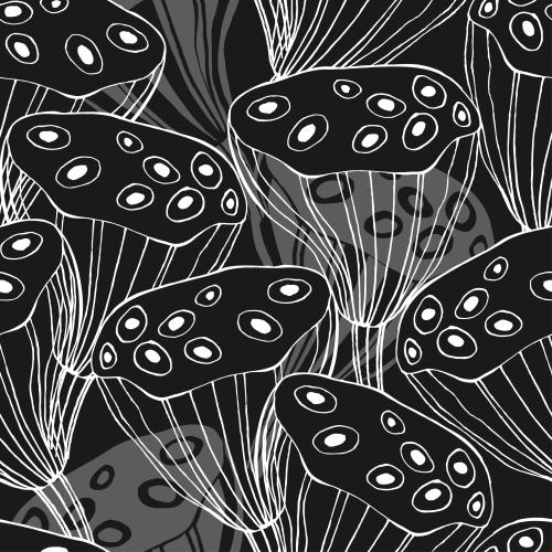 Lotus. Vektor Lotus-Korbbüchlein, Nelumbo, monochrome Konturen und Silhouetten auf schwarzem