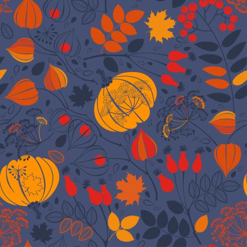 Ahornblatt. Vektor Kürbisse Herbstbeeren Blumen und Pflanzen auf blauem