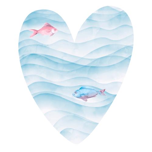 Rasterbild aquarellfische auf wellen, komposition in herzform auf weißem