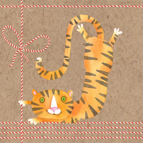 Tiger. Vektor Aquarellcartoontier, festliche Schnüre mit Schleife auf Kraftkarton