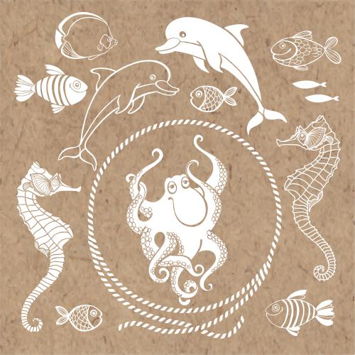 Delfin. Vektor runde-seilrahmen-delfine-fische-seepferdchen-tintenfisch-auf-kraftpapier