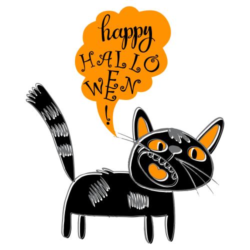 Vektorgrafik cartoonartiger schwarzer kater, sprechender happy halloween
