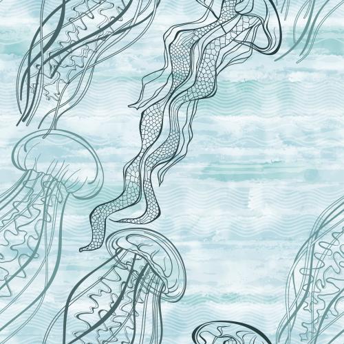 Qualle. Vektor Medusen, Wellen auf blauem Aquarell