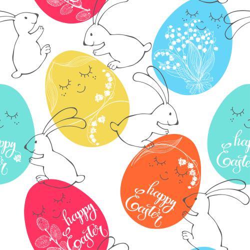 Vektorgrafik multifarbige cartoonartige ostereier mit lilien, weiden, schriften "happy easter" und niedlichen hasen auf weißem