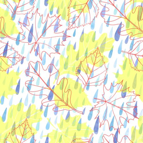 Rasterbild eichen-, ahorn- und birkenblätter sowie aquarellregentropfen auf weißem
