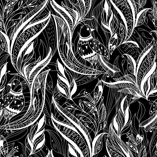 Vektorgrafik fantasieartige blumen, stilisierte vögelchen auf schwarzem