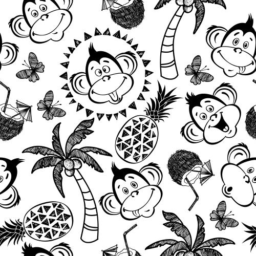 Strand. Vektor herrliche Affenmienen, Palmen, Ananas, Kokoscocktails, Schmetterlinge auf weißem