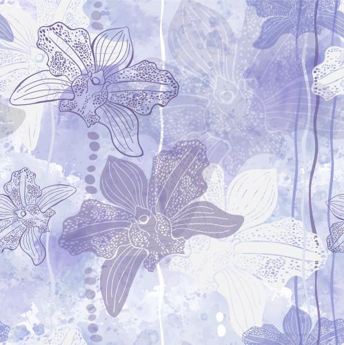 Vektorgrafik orchideen, wellenfoermige linien, dekorative elemente auf lila aquarell