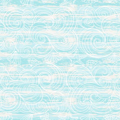 Strand. Vektor Wellen, Muscheln, Meersterne auf texturiertem blauem